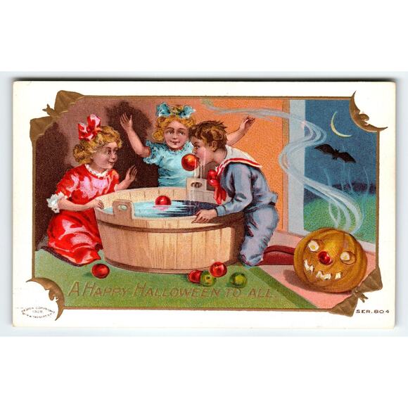 Vintage 1909 Halloween Postcard Kids Bobbing for Apples Bats Moons Border JOL - Picture 1 of 2